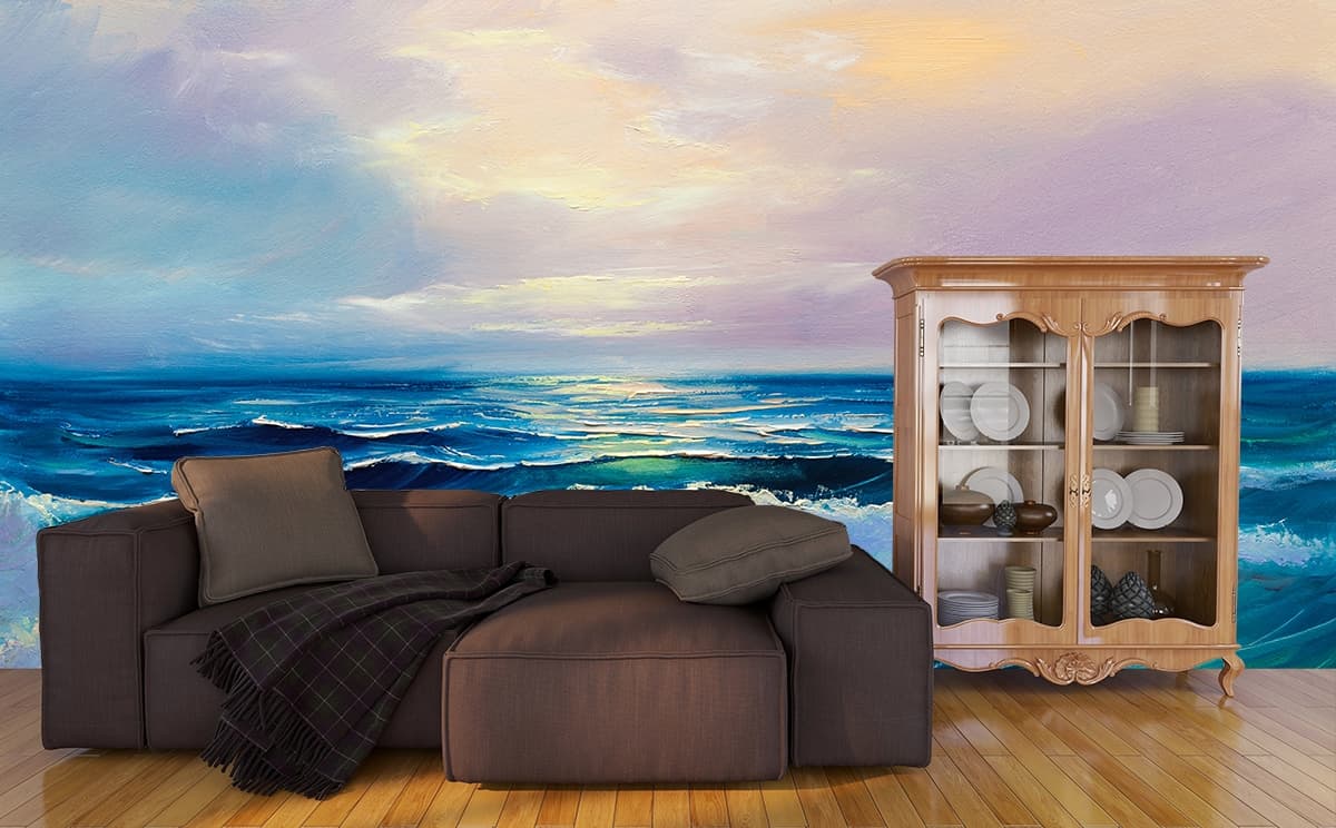 Waves Crashing on a Beach Panorama Living Room Wall Painting Wallpaper shown in a room