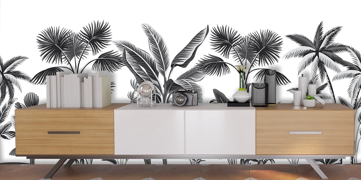Green Botanical Leaves Minimal Nature Pattern Wallpaper shown in a room