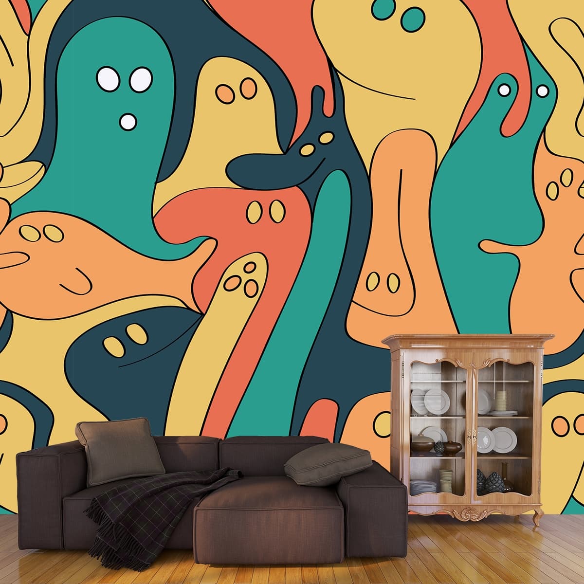 A group of colorful ghosts shown in a room