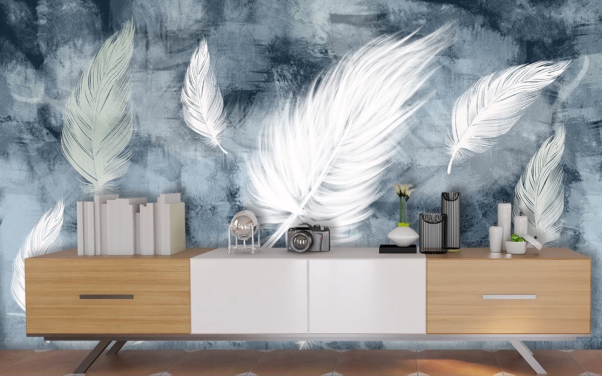 Minimal Feather Design Blue Background Wallpaper shown in a room