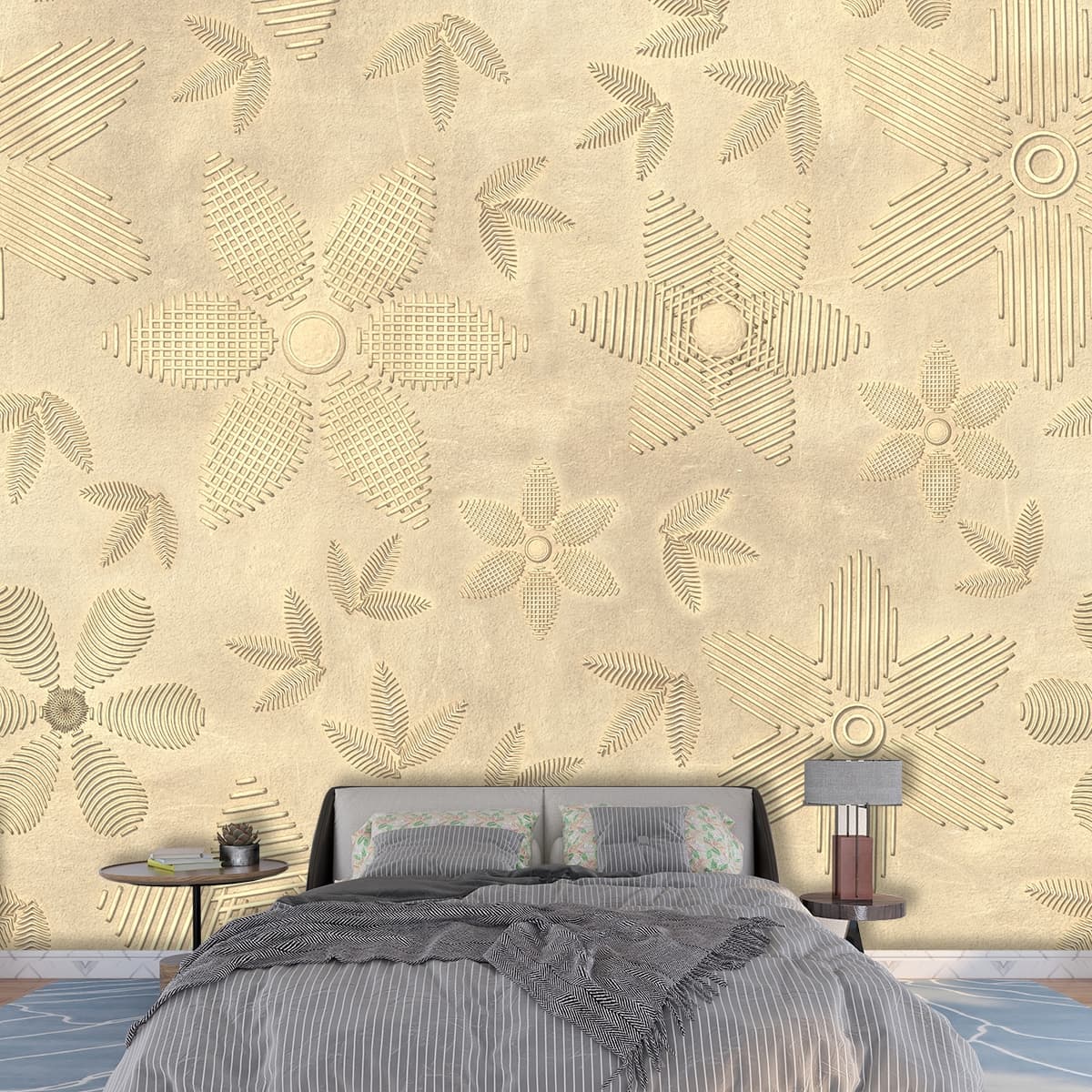 Floral Pattern with Flowers and Leaves Design wallpaper shown in a room
