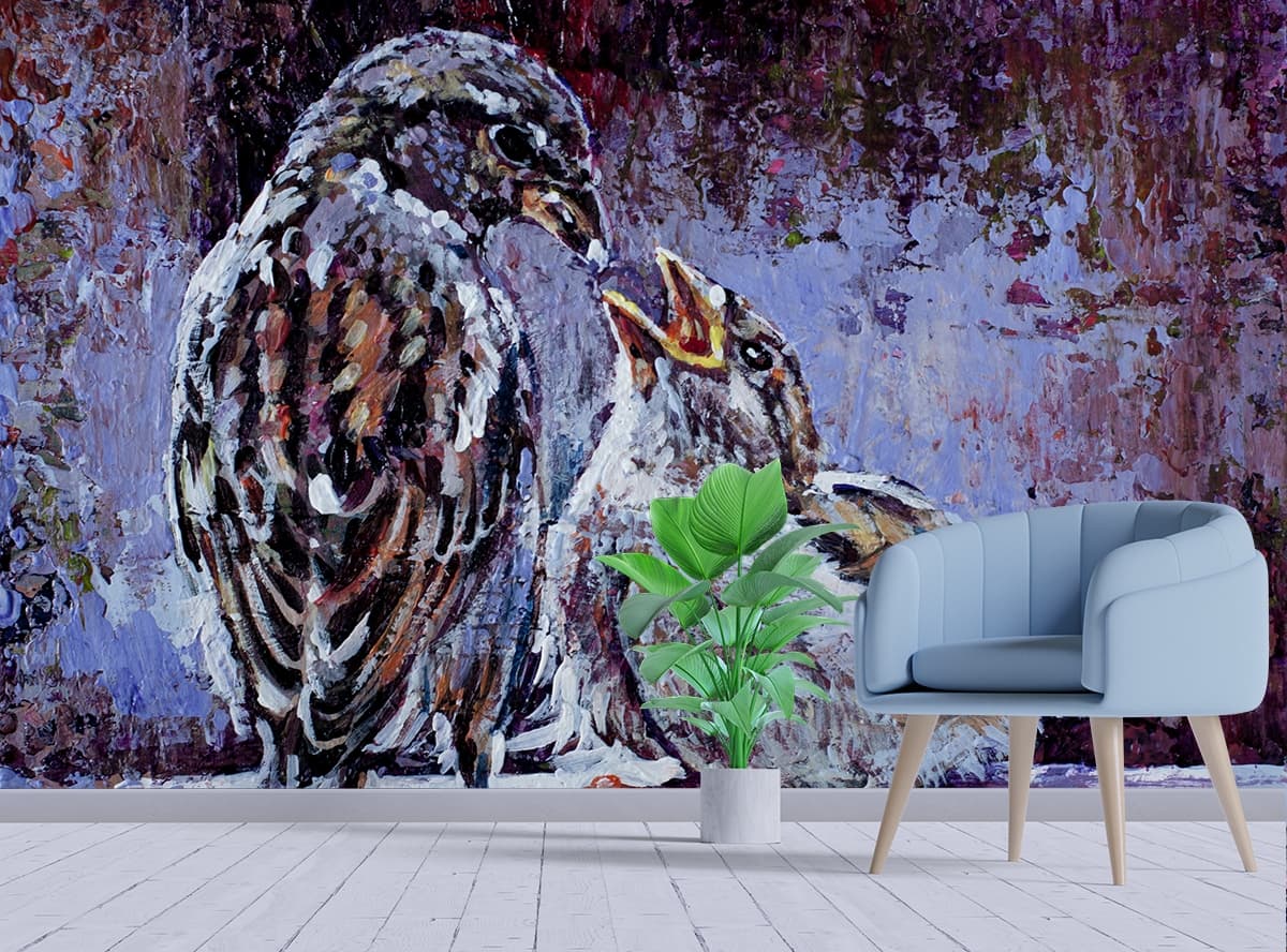Painting of Birds Noble Tints Living Room Wall Painting Wallpaper shown in a room