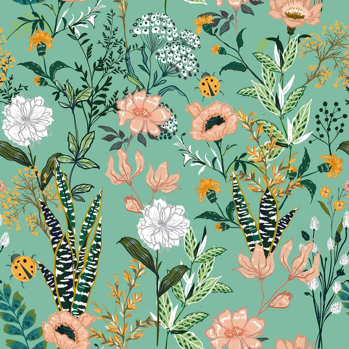 A Lady Bug and Flowers Nature Wallpaper pattern detail