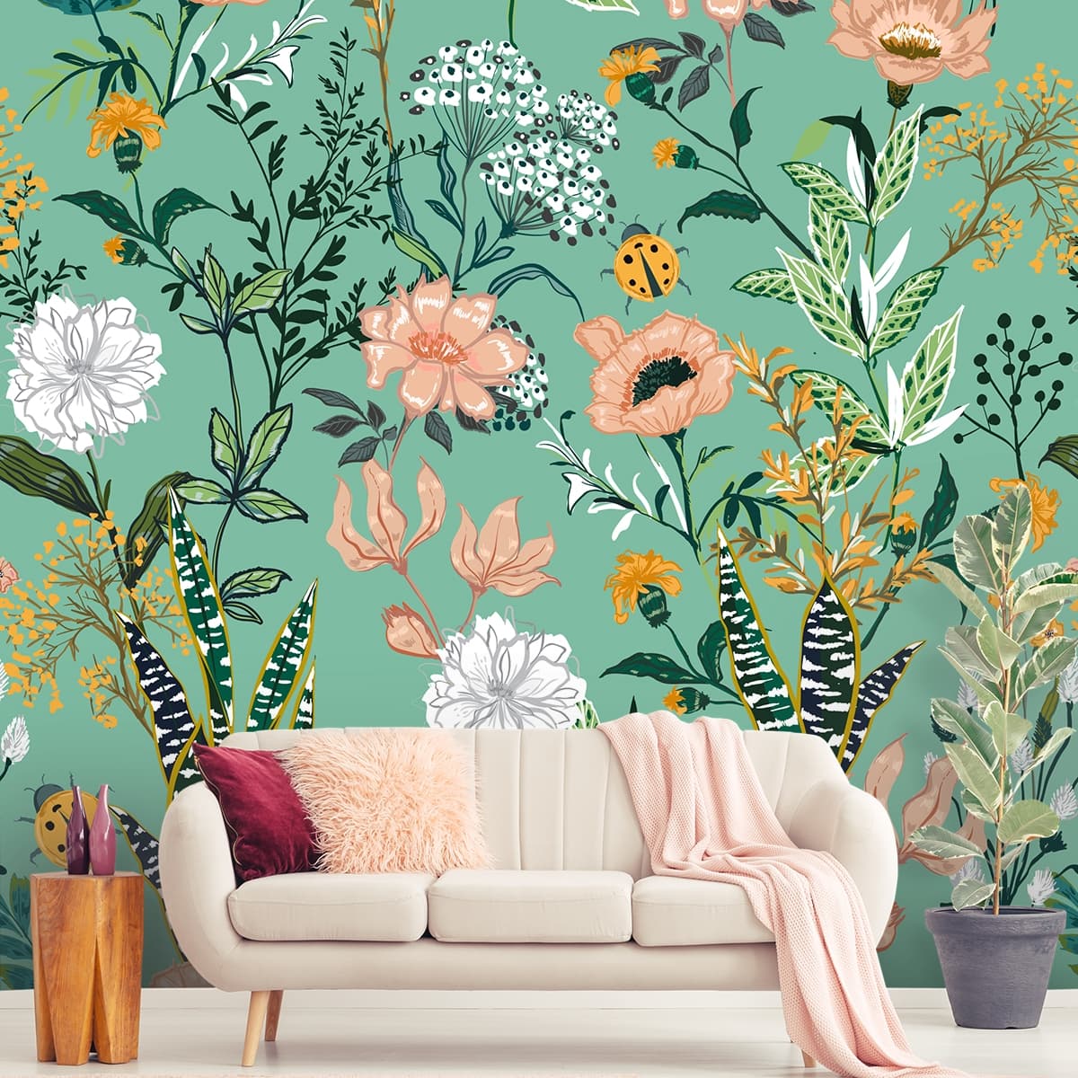 A Lady Bug and Flowers Nature Wallpaper shown in a room