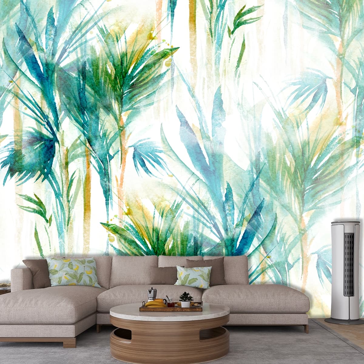 Watercolor Plants Botanical Wallpaper shown in a room