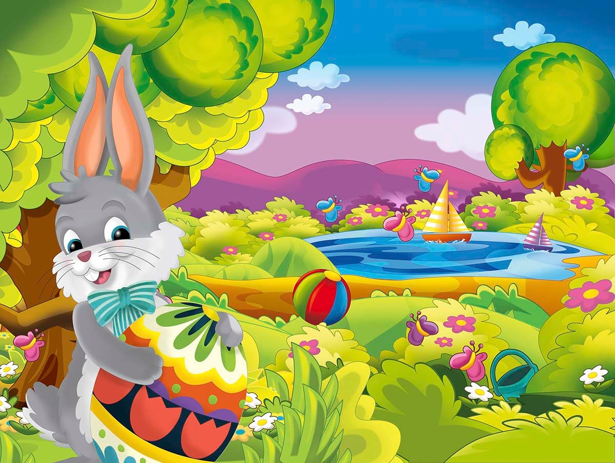 Rabbit Waving Cartoon Wallpaper for Childrens Room pattern detail