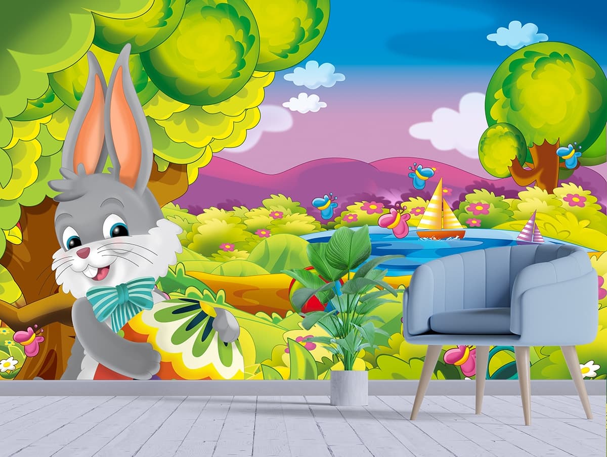 Rabbit Waving Cartoon Wallpaper for Childrens Room shown in a room