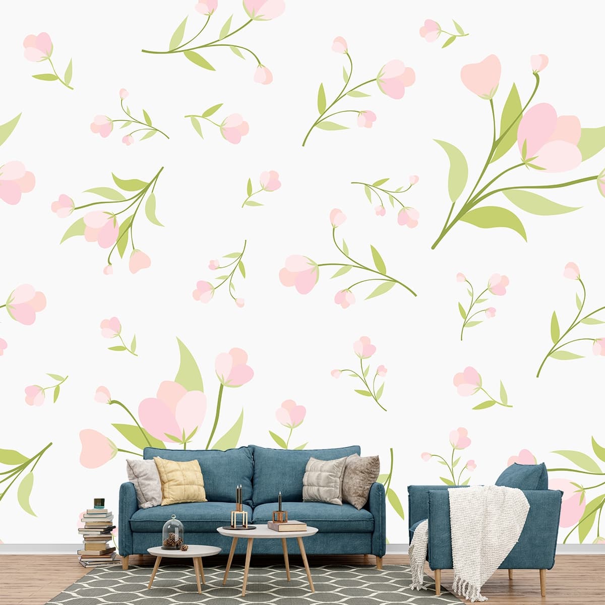 Pink Floral Motif Wallpaper Design shown in a room