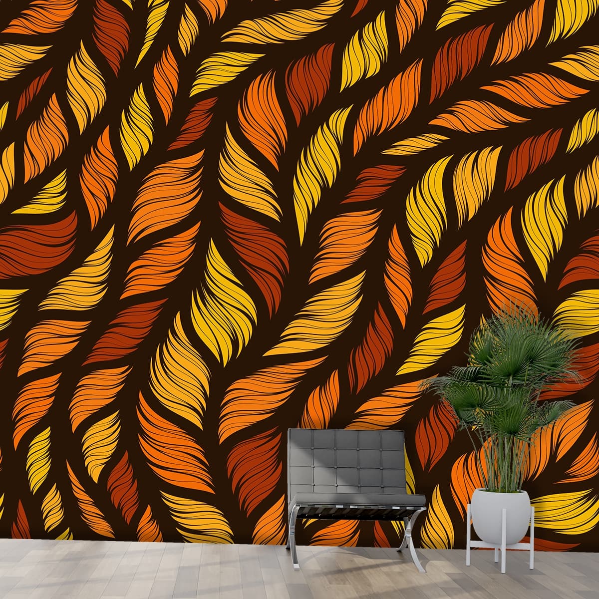 Elegant Orange and Yellow Leaf Pattern Wallpaper for Nature-Inspired Walls shown in a room