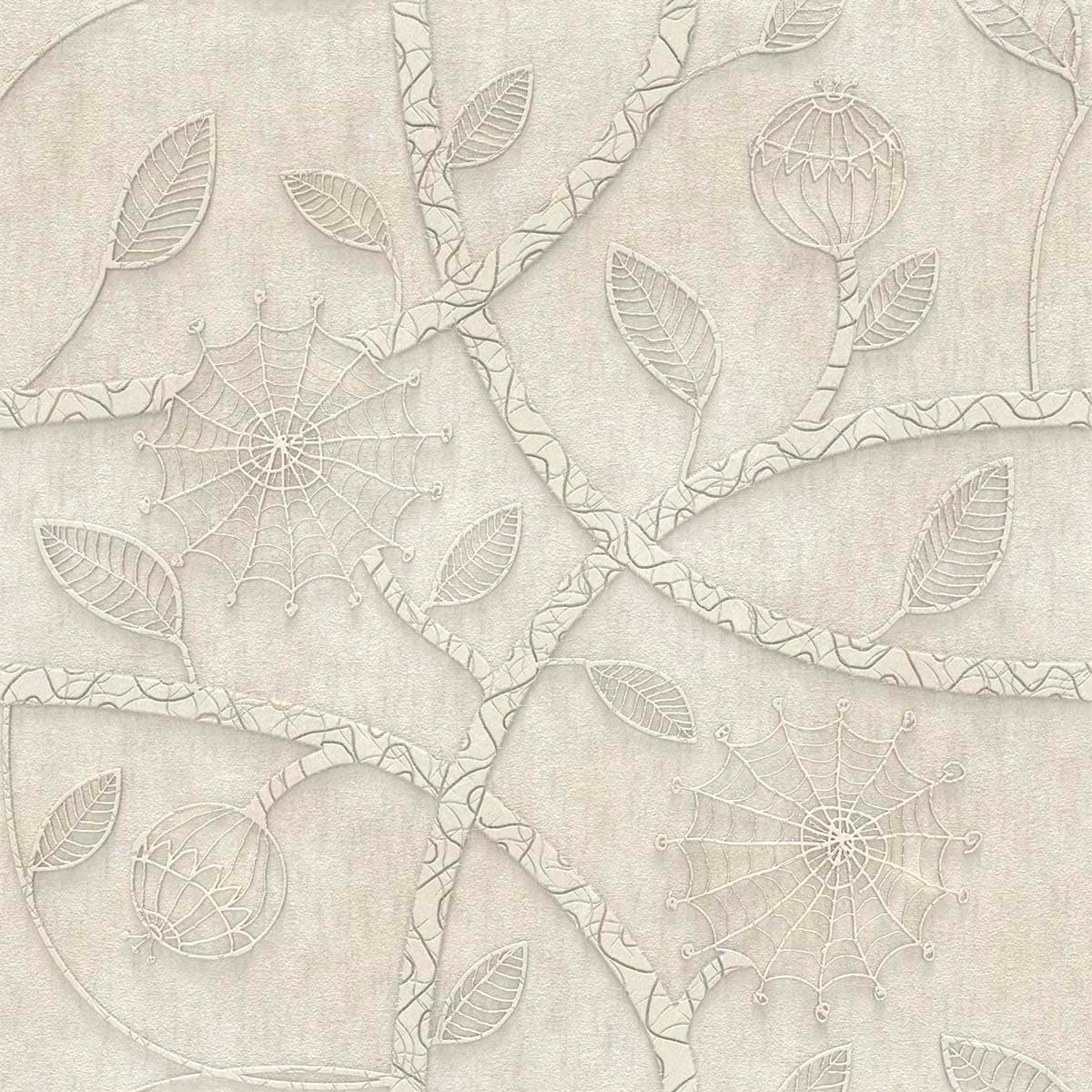 A white wallpaper with leaves and flowers pattern detail