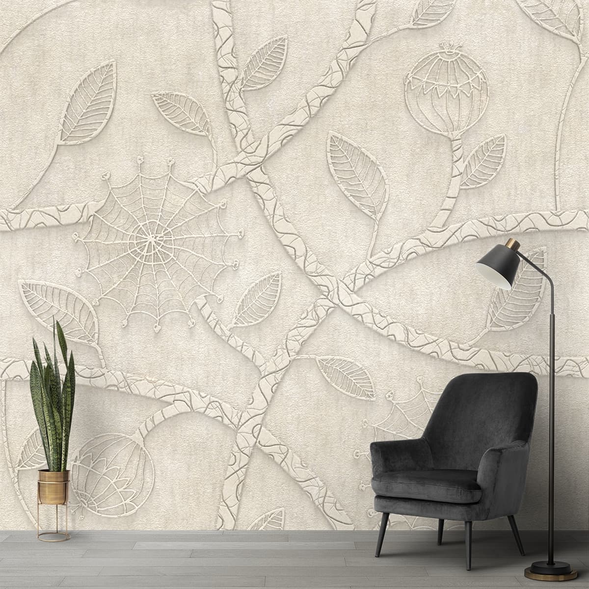 A white wallpaper with leaves and flowers shown in a room