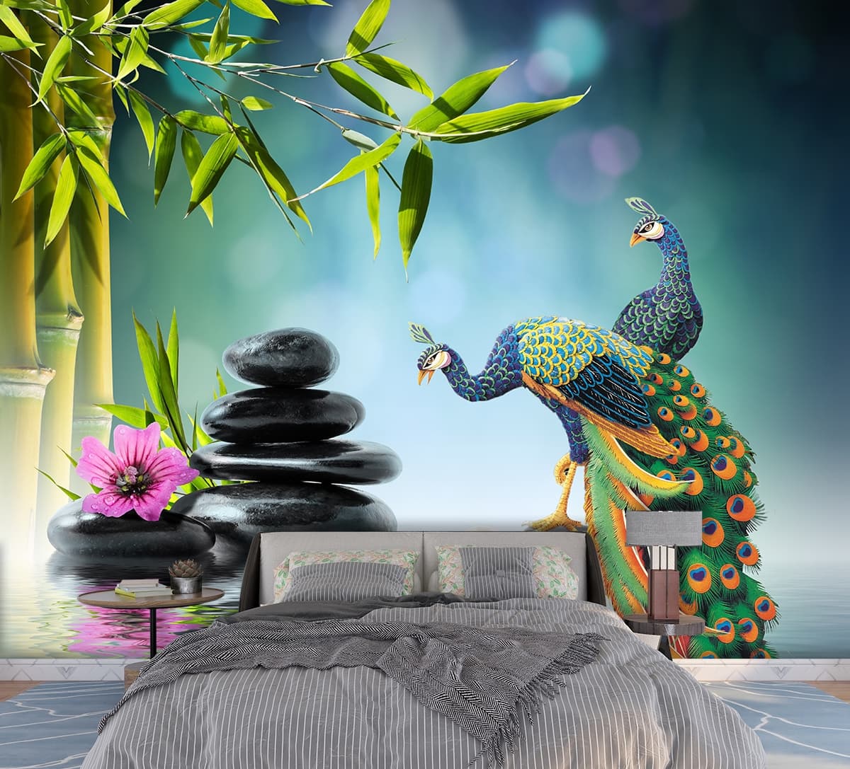 Luxury Peacock on Rock Landscape Art Wallpaper shown in a room