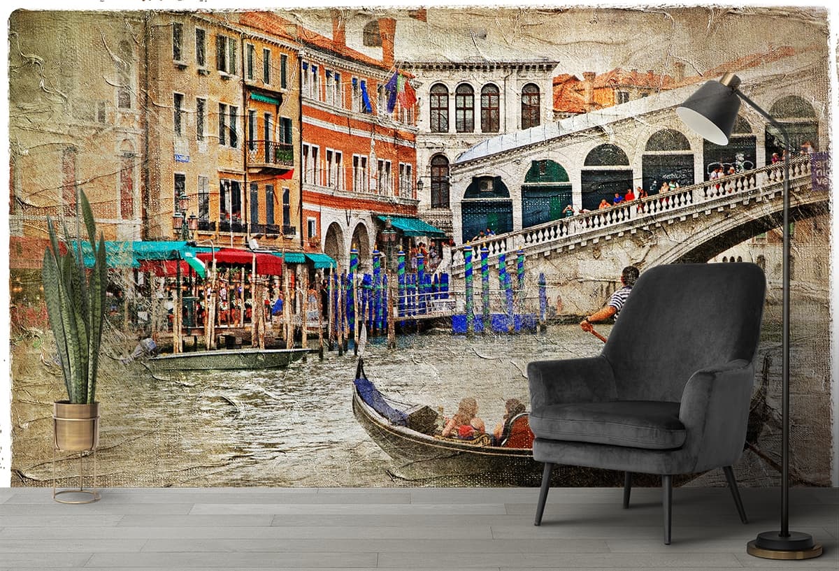 Man in Boat on River Scenic Nature Scene wallpaper shown in a room