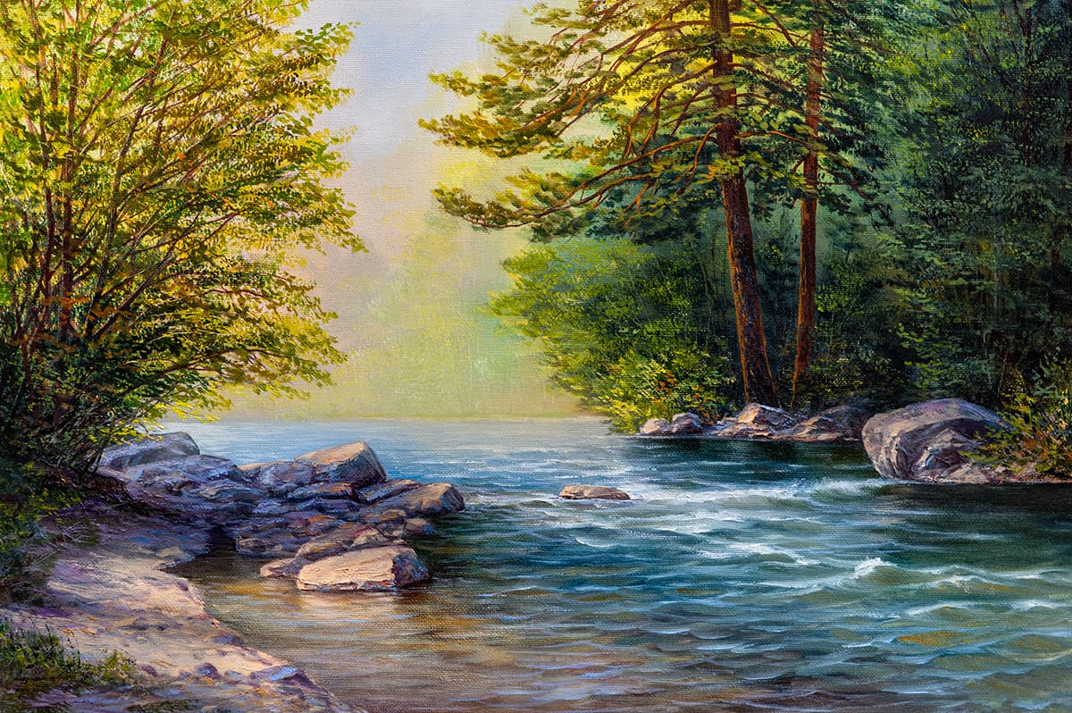 Tranquil River and Trees Nature Wallpaper pattern detail