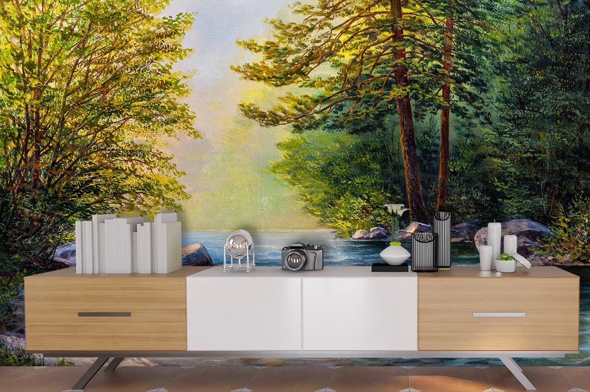 Tranquil River and Trees Nature Wallpaper shown in a room