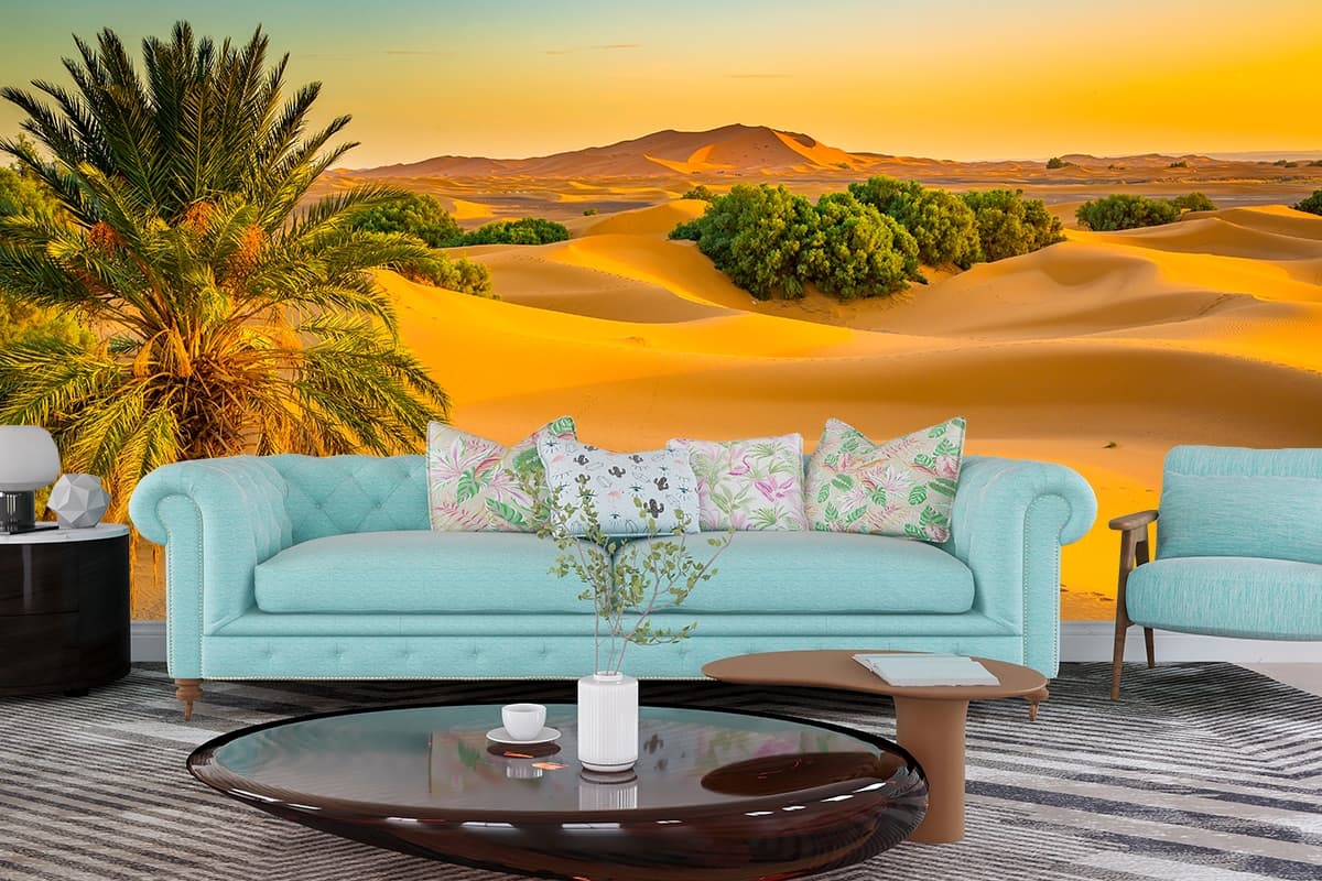 Palm Tree in Desert Scenic Landscape wallpaper shown in a room
