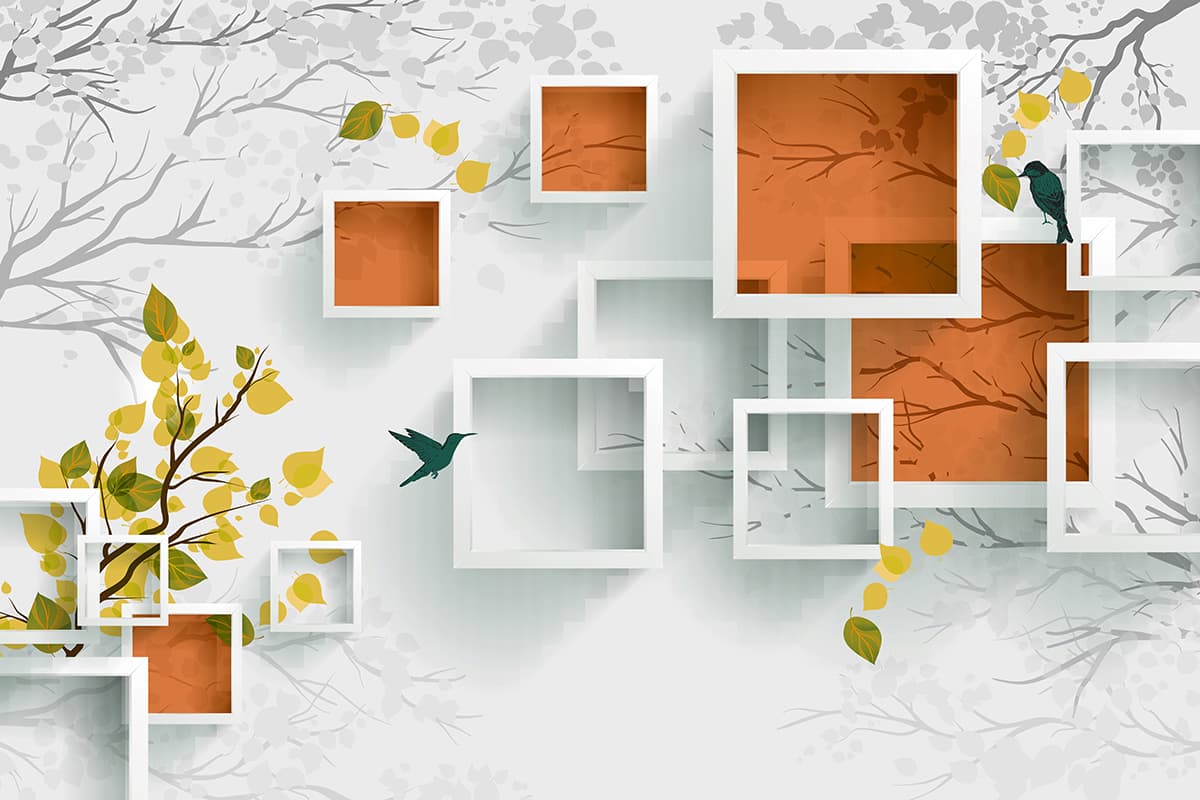 A wall mural with squares and birds pattern detail