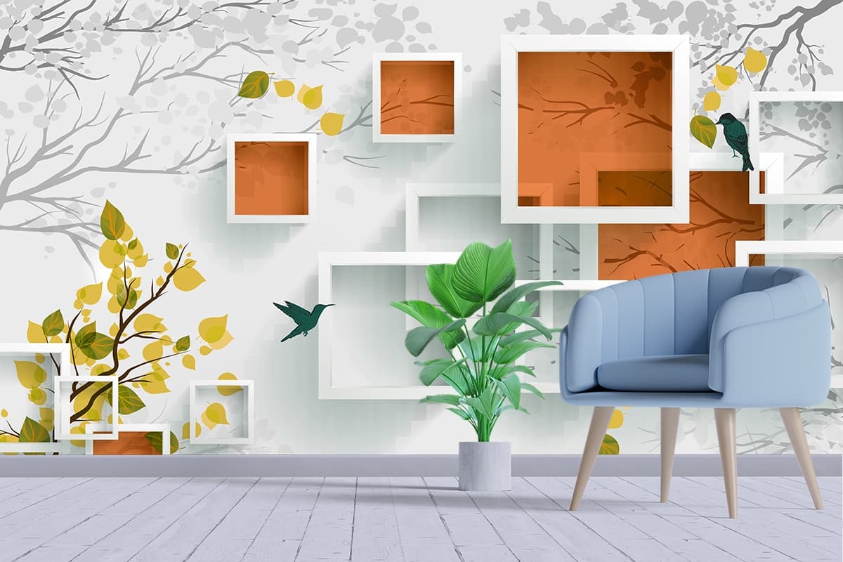 A wall mural with squares and birds shown in a room