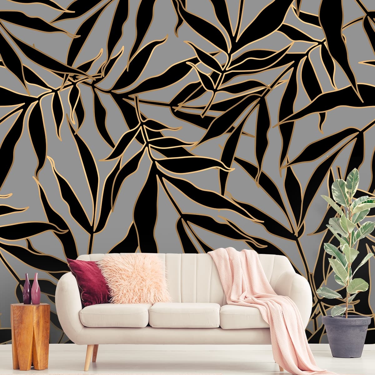 Black and Grey Leaves Wallpaper shown in a room