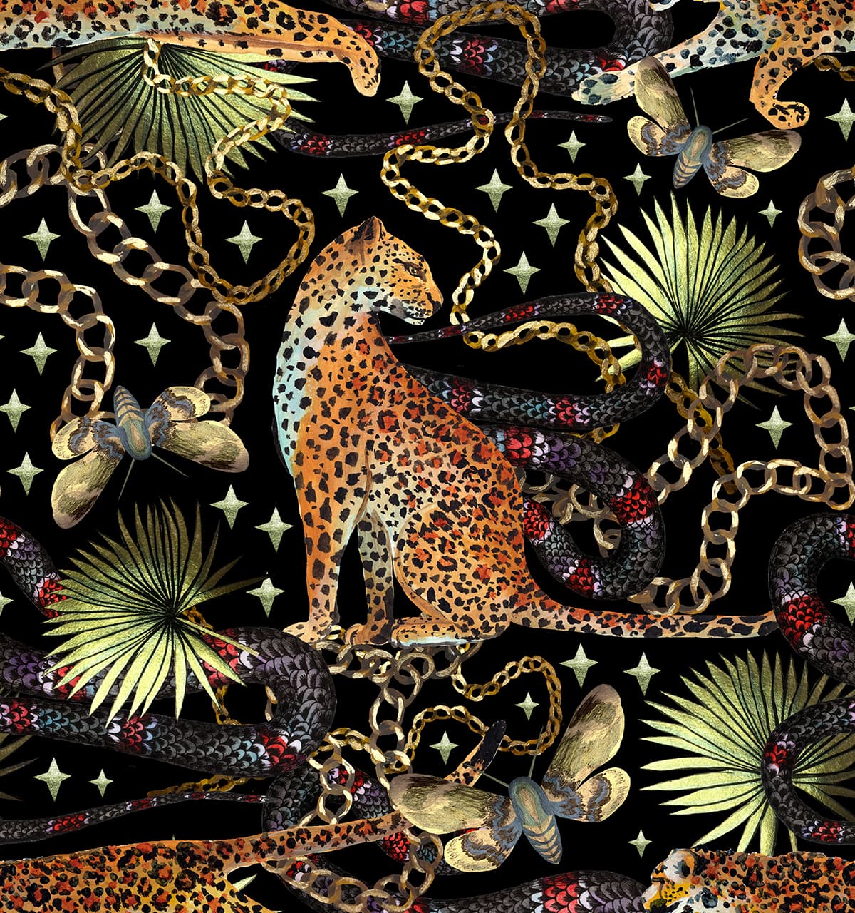 A pattern of snakes and a leopard pattern detail