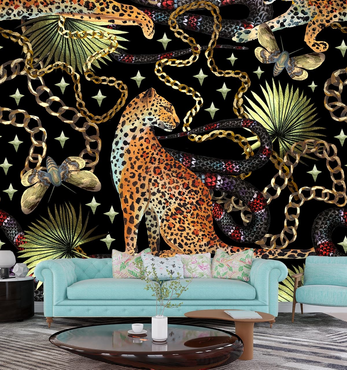 A pattern of snakes and a leopard shown in a room