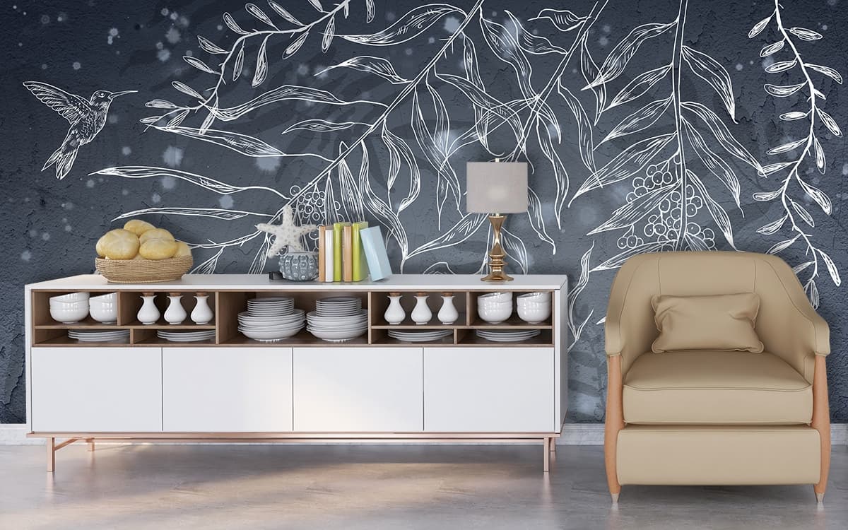 A drawing of leaves on a wall shown in a room