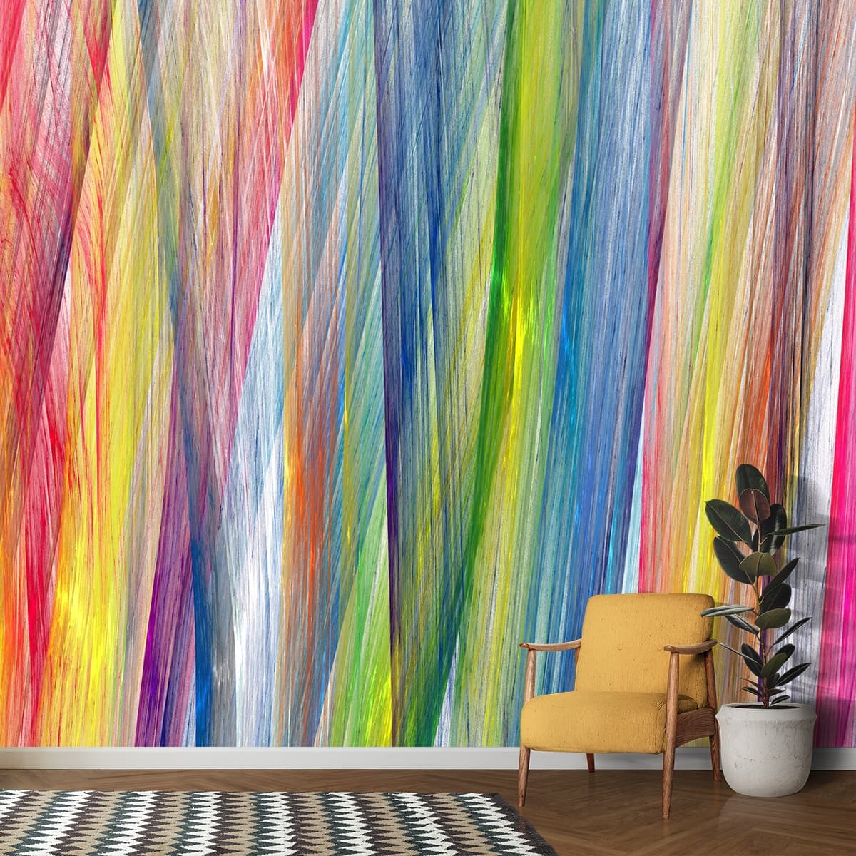 Bright Linear Pattern Abstract Design wallpaper shown in a room