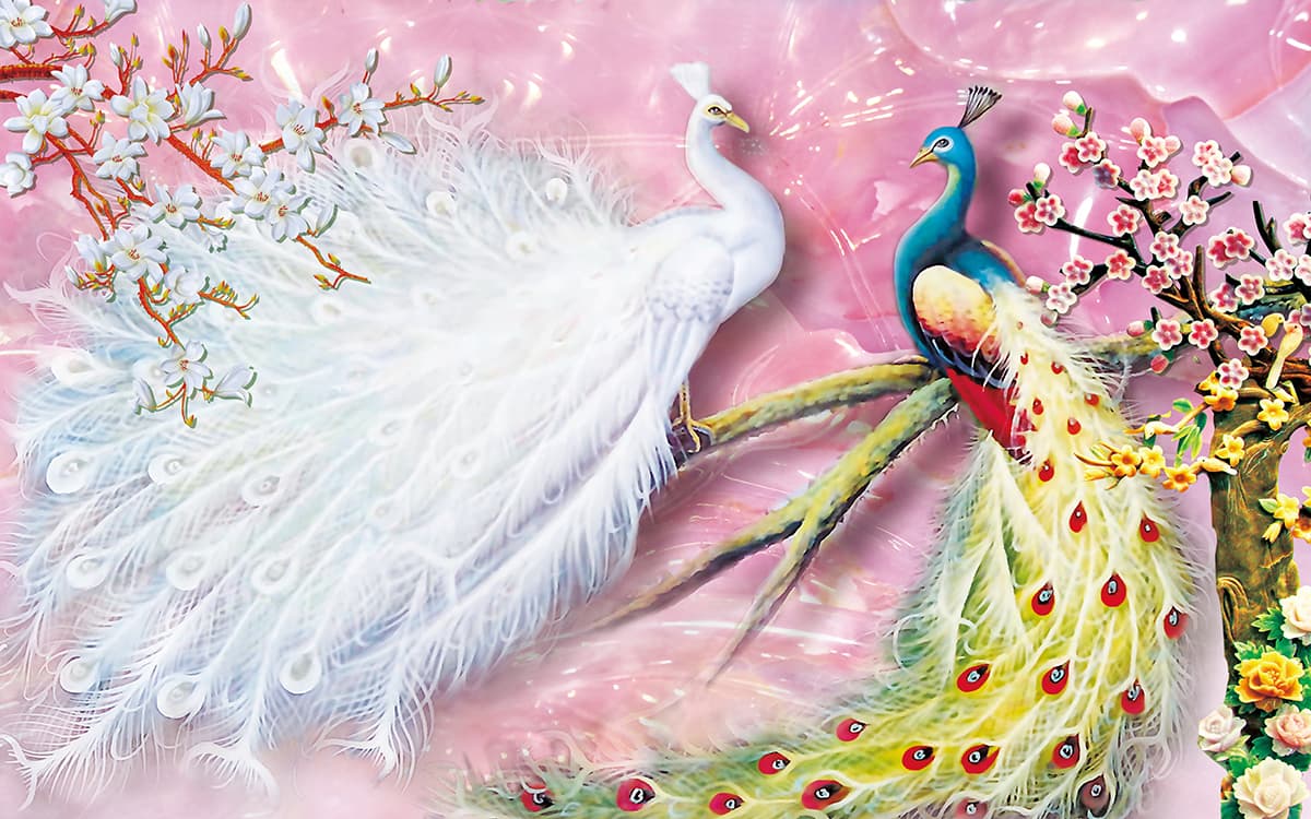 White and Blue Peacocks Wallpaper pattern detail