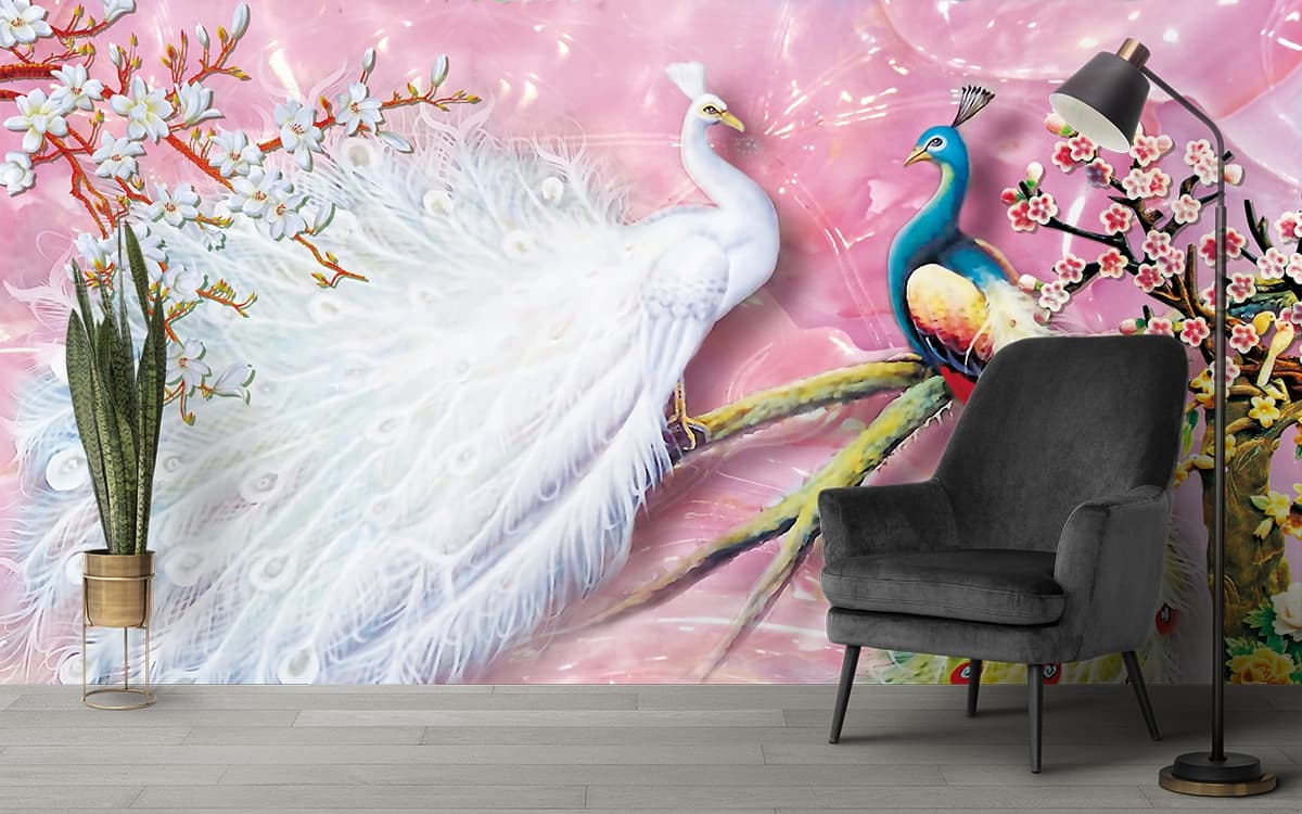 White and Blue Peacocks Wallpaper shown in a room