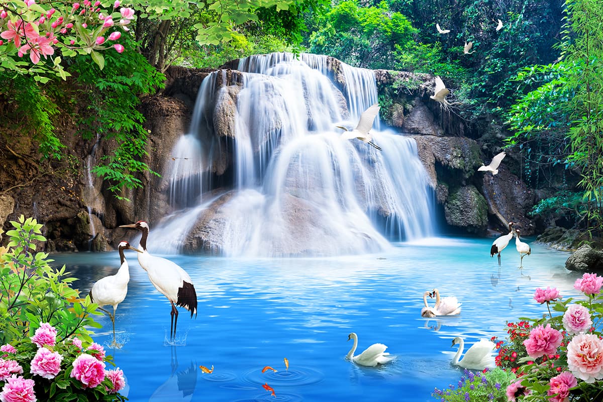 Birds resting by peaceful pond with flowing falls wallpaper pattern detail