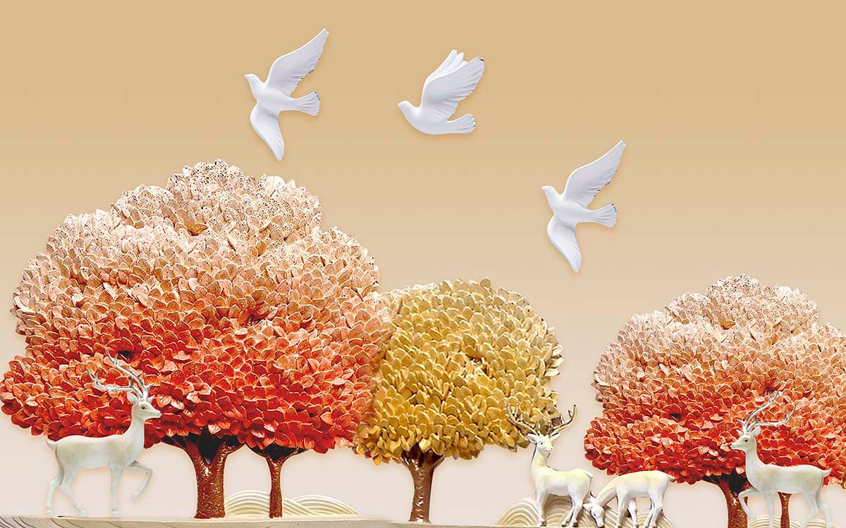Peaceful Nature Trees with Flying Birds Scenic wallpaper pattern detail