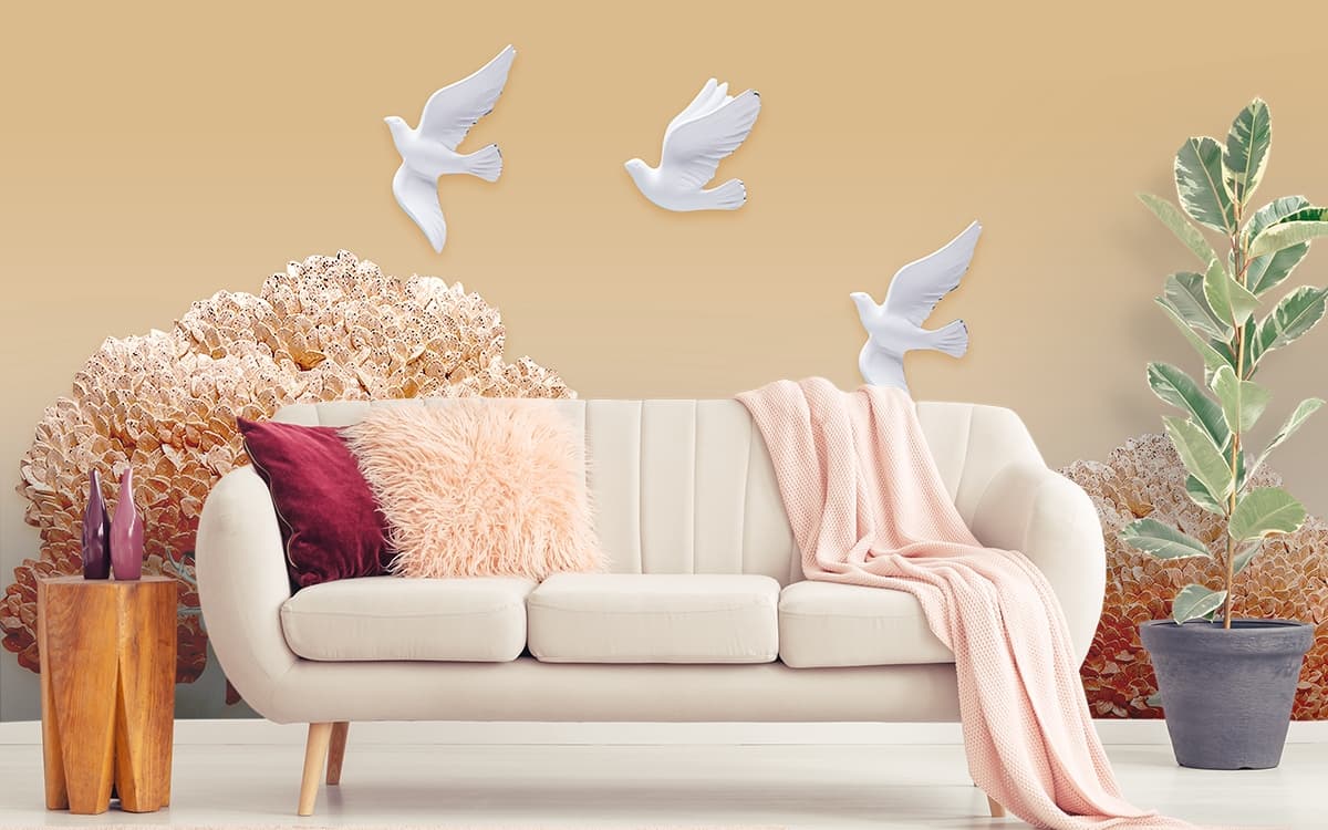 Peaceful Nature Trees with Flying Birds Scenic wallpaper shown in a room