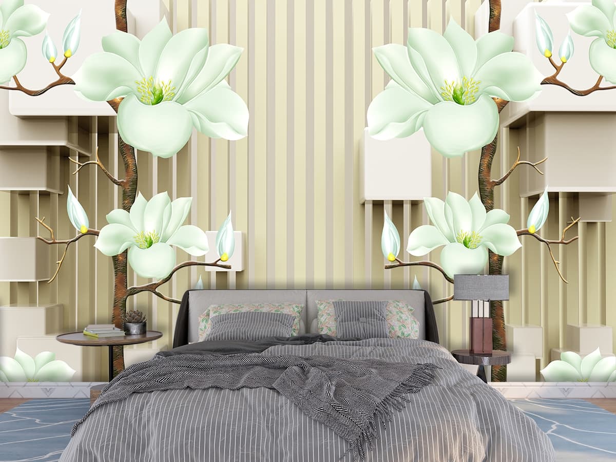 A wallpaper with white flowers shown in a room