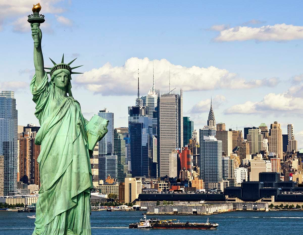 Elegant Statue of Liberty City Skyline Wallpaper pattern detail