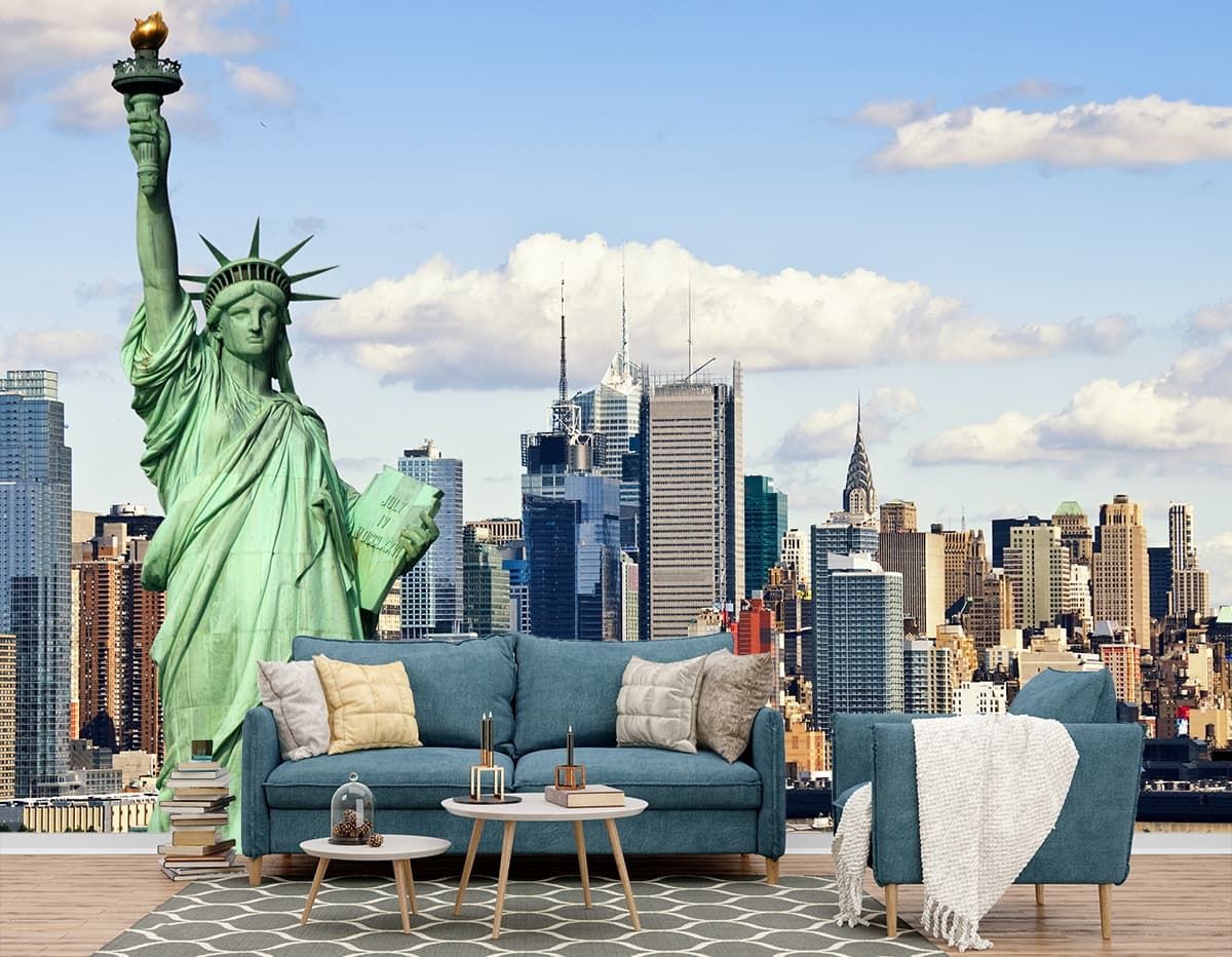 Elegant Statue of Liberty City Skyline Wallpaper shown in a room