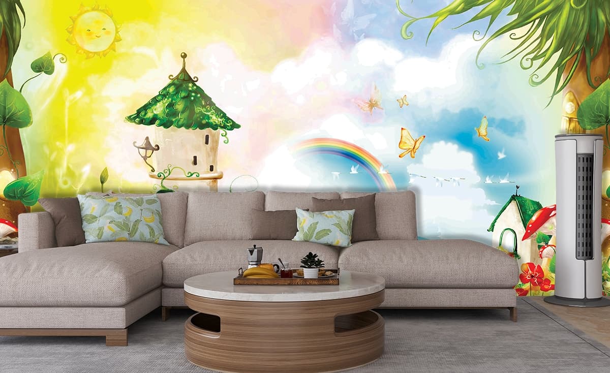Magical Rainbow Countryside Wallpaper shown in a room