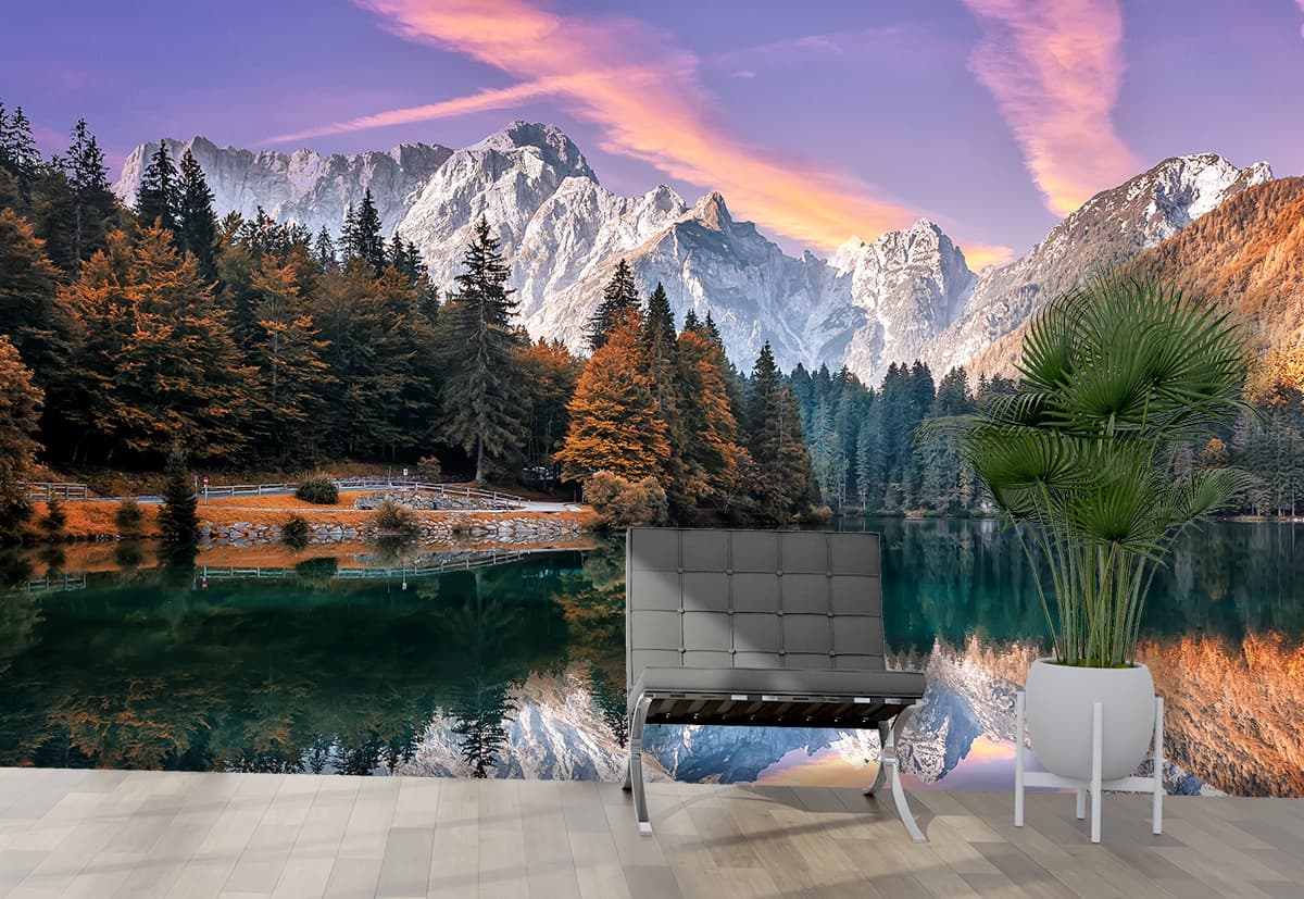 Snowy Mountain and Trees, Forest Wallpaper for Walls shown in a room