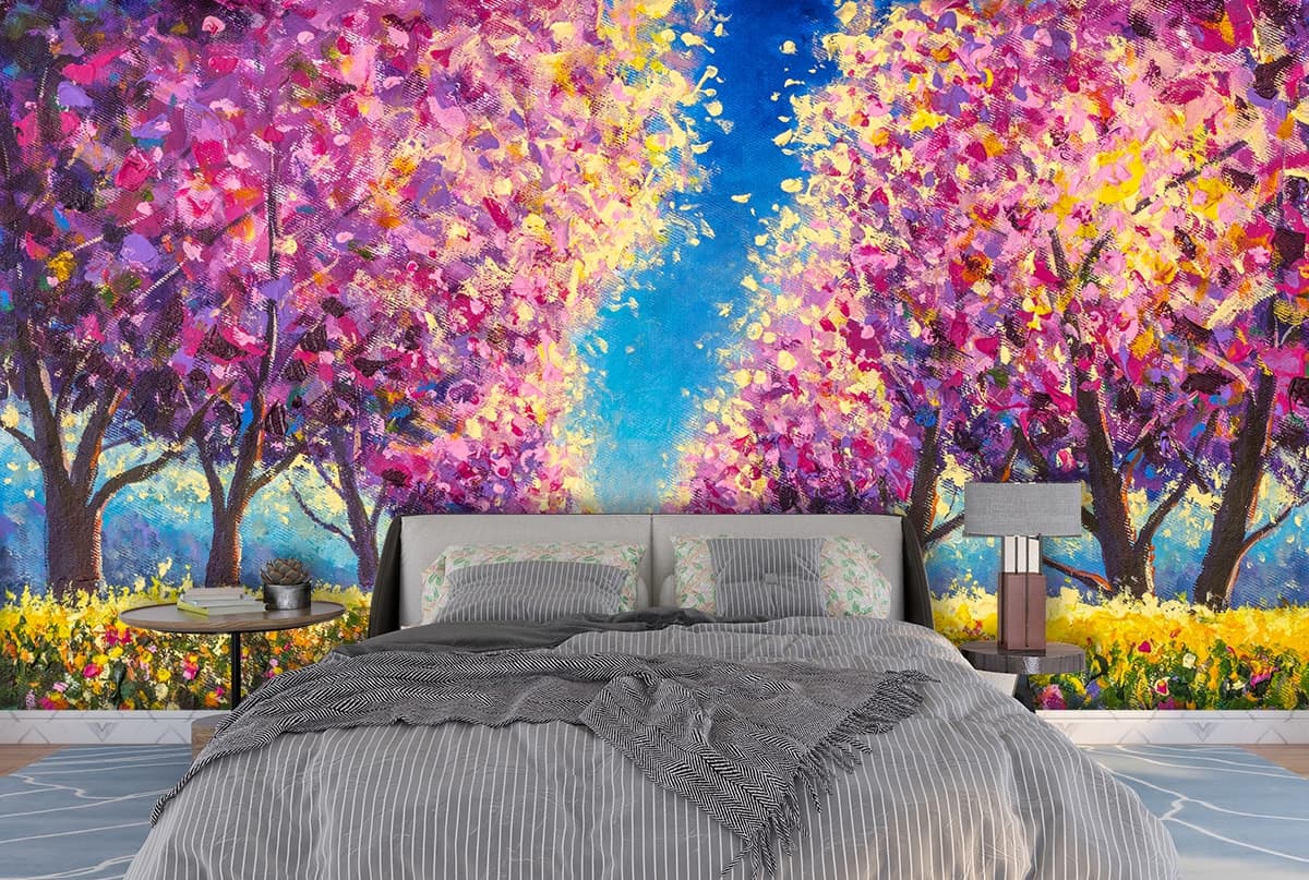 Classic London Big Ben and pink Tree Art Wallpaper shown in a room
