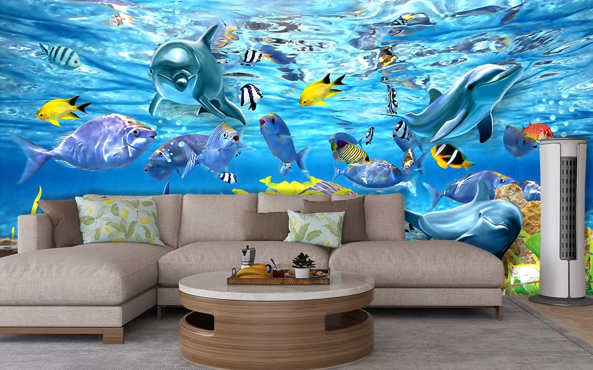 Aqua Paradise Dolphin Scene Wallpaper shown in a room