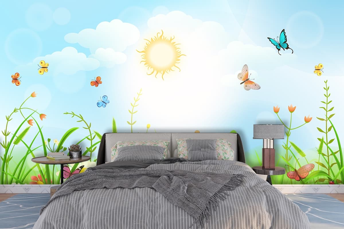 Sunny Meadow Garden Wallpaper shown in a room