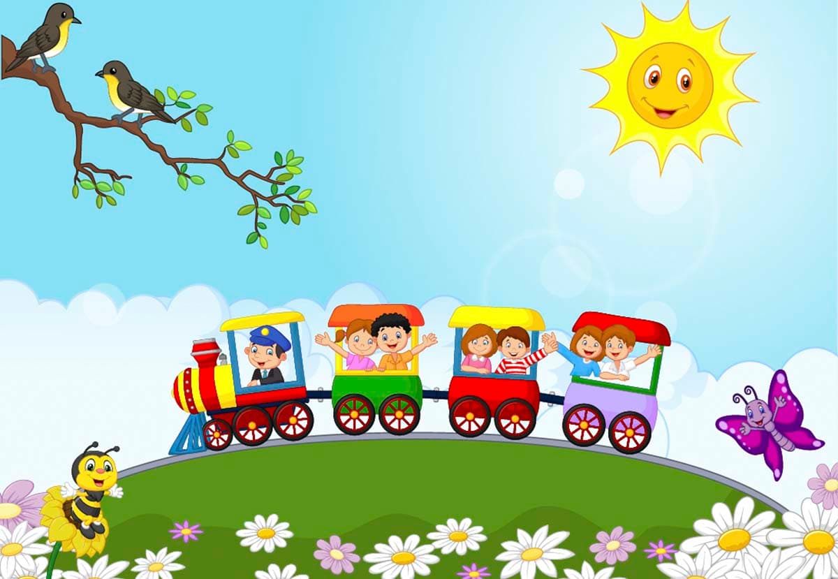 Happy Kids Train Journey Cartoon Wallpaper pattern detail