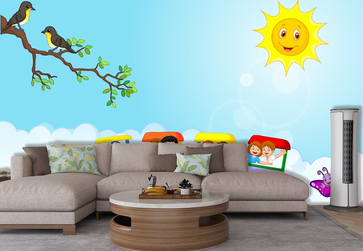 Happy Kids Train Journey Cartoon Wallpaper shown in a room