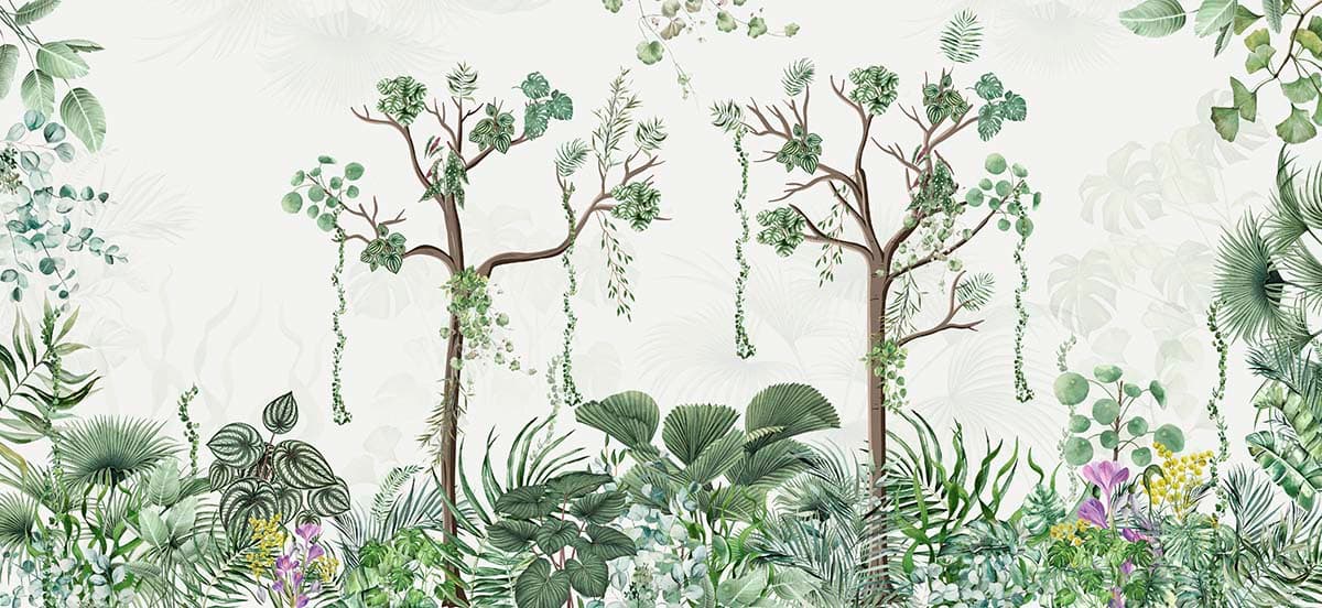 A wallpaper with trees and plants pattern detail