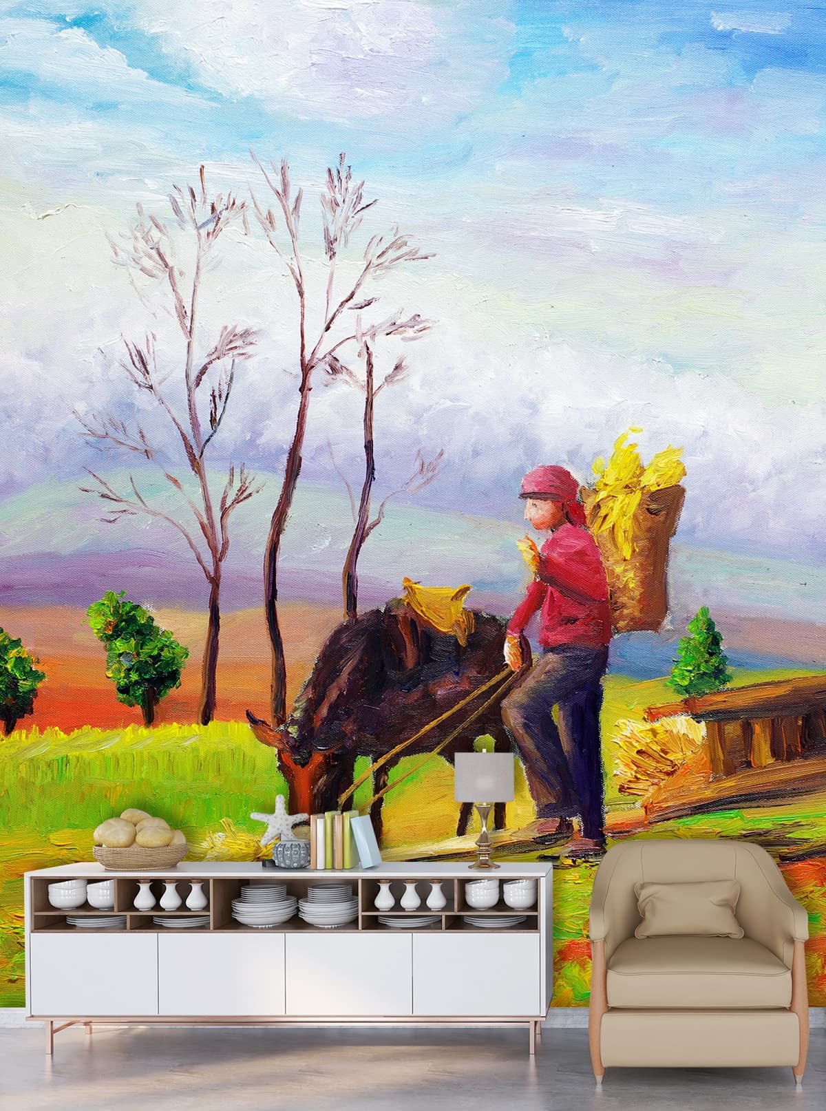 Serenity Strokes Living Room Wall Painting Wallpaper shown in a room
