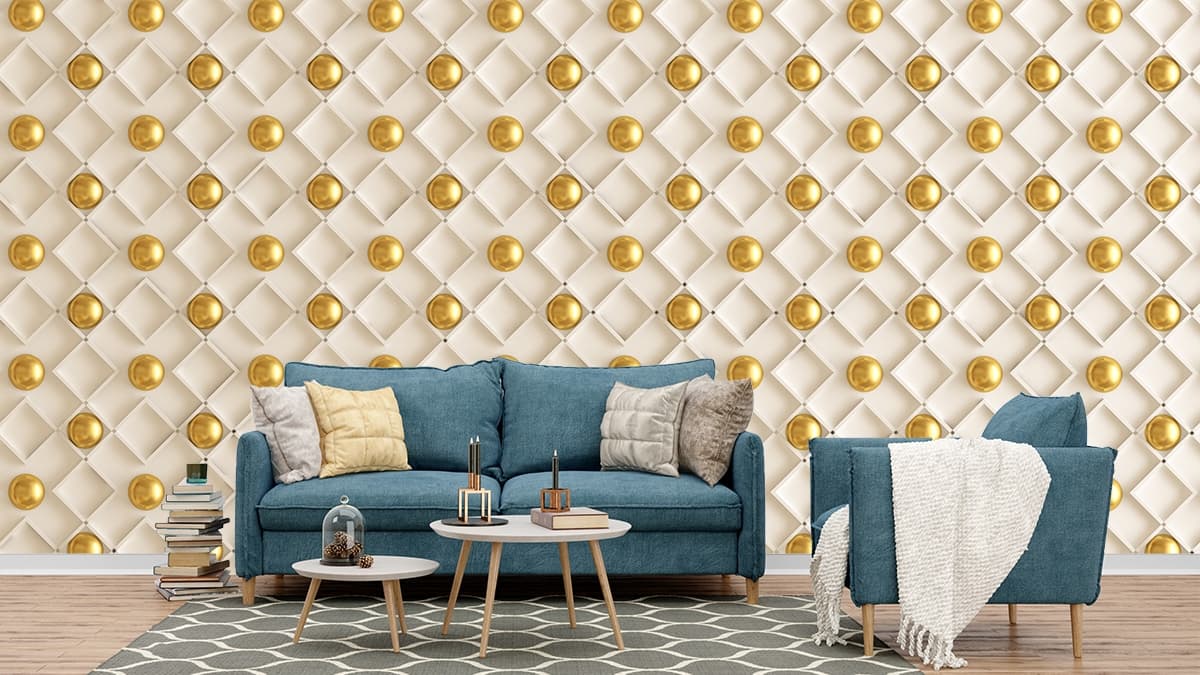 Premium White and Gold Decorative Ball Wallpaper shown in a room