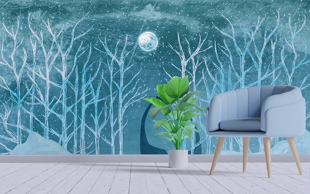 Magical Giraffes in Snowy Forest wallpaper shown in a room
