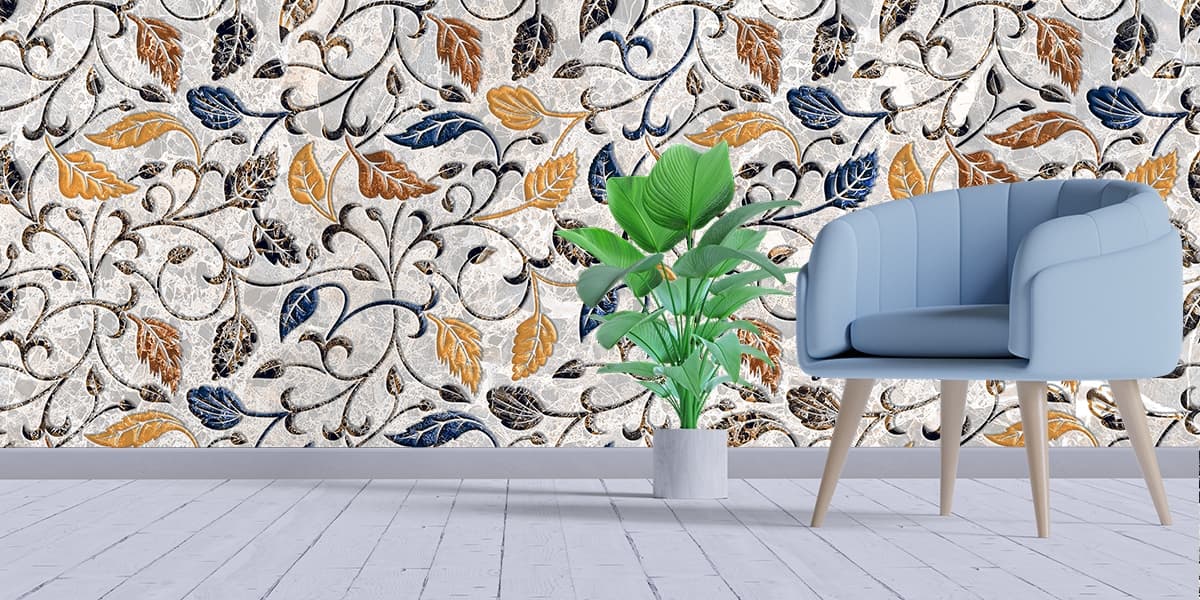 Fresh Leaves and Vines Pattern on White Wallpaper Mural shown in a room