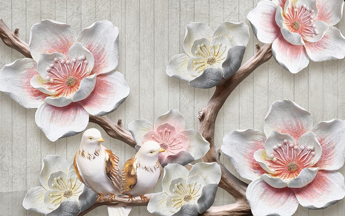 Modern Sculptural Floral Art with Pair of Birds Wallpaper pattern detail