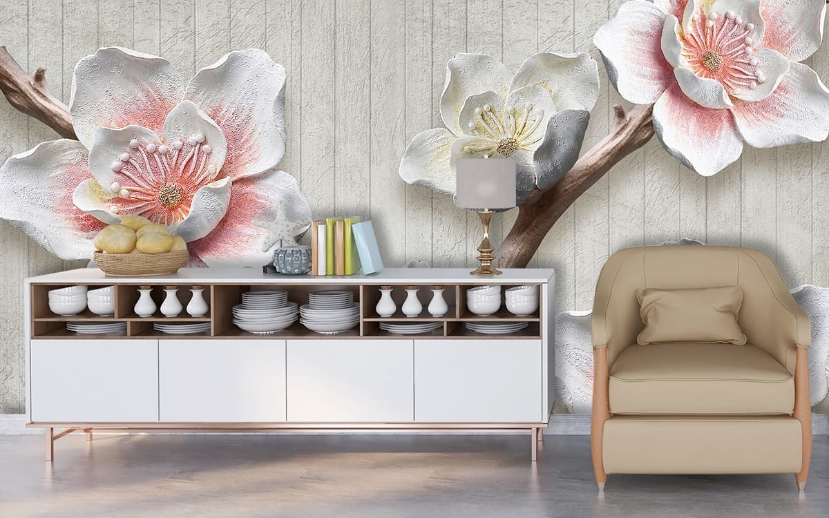 Modern Sculptural Floral Art with Pair of Birds Wallpaper shown in a room