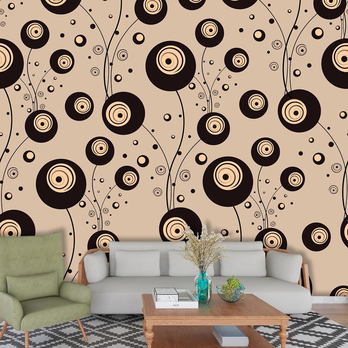 Luxury Abstract Circle and Vine Motif Wallpaper shown in a room